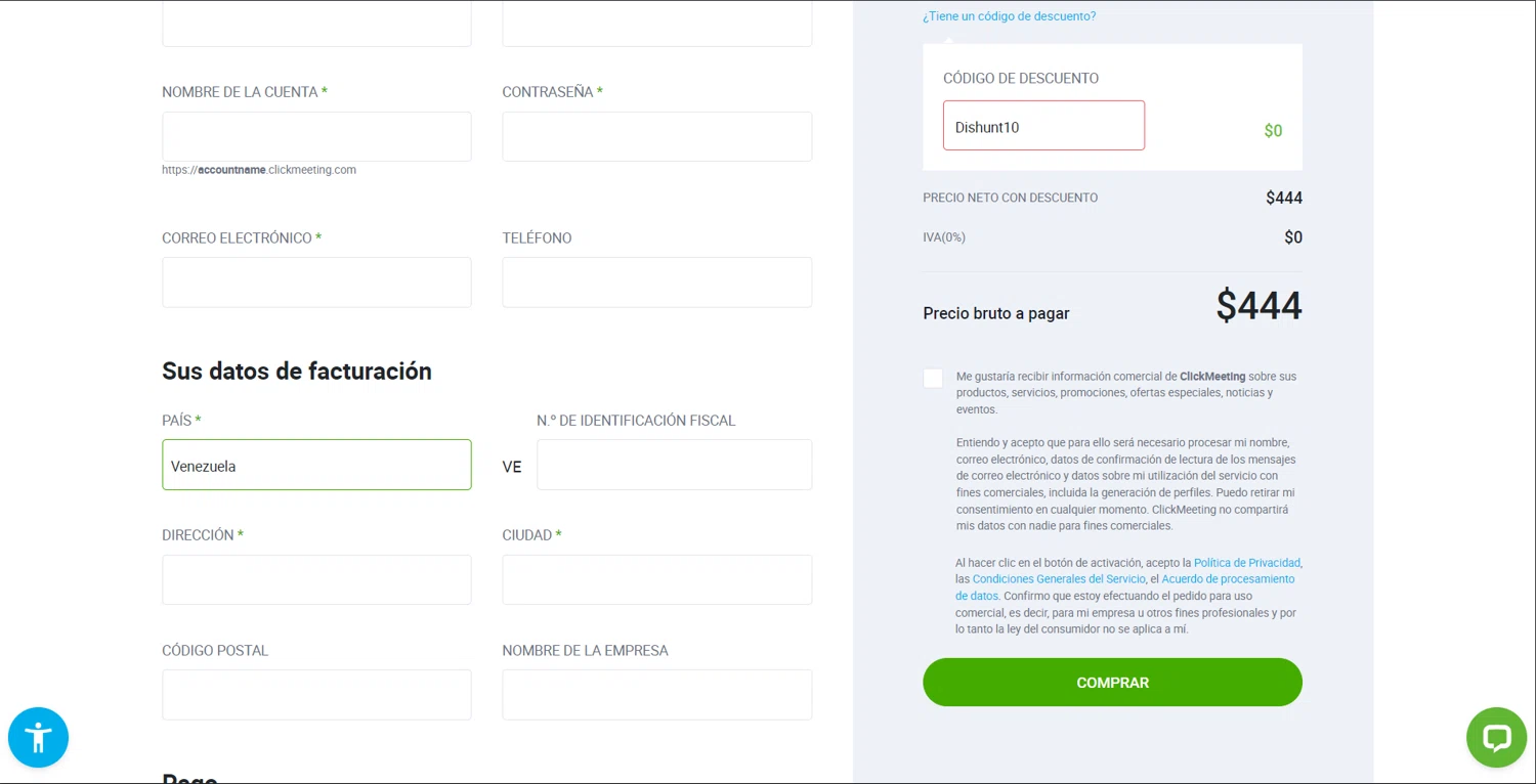 ClickMeeting promo code screenshot showing code Dishunt10 applied at ClickMeeting checkout page. Uploaded by SimplyCodes community member ArthurMorgan on Feb 19, 2026