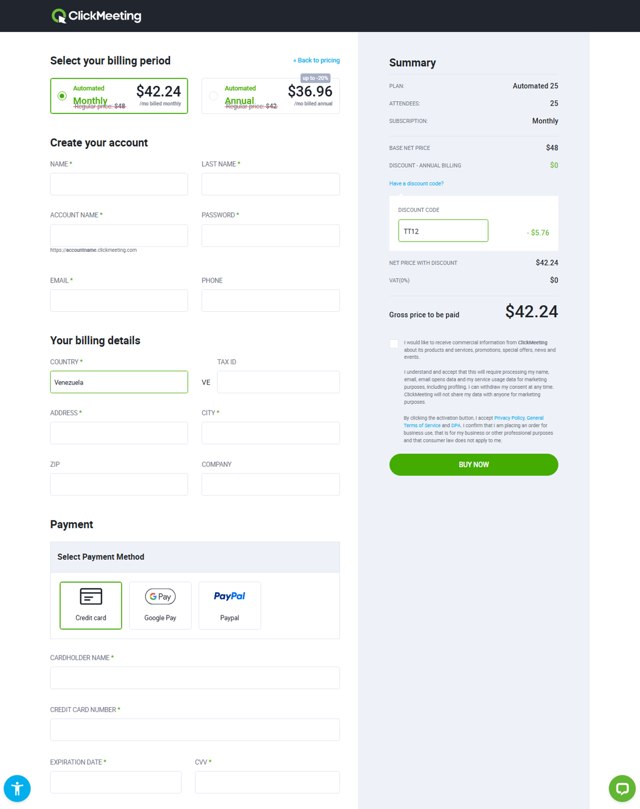 ClickMeeting checkout page showing ClickMeeting promo code box | Screenshot taken by SimplyCodes community member on Jul 21, 2025