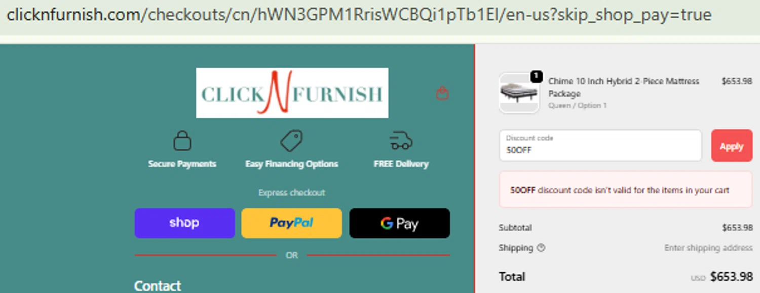 Click N Furnish discount code screenshot showing code 50OFF applied at Click N Furnish checkout page. Uploaded by SimplyCodes community member CashMaestro9337 on Sep 22, 2025
