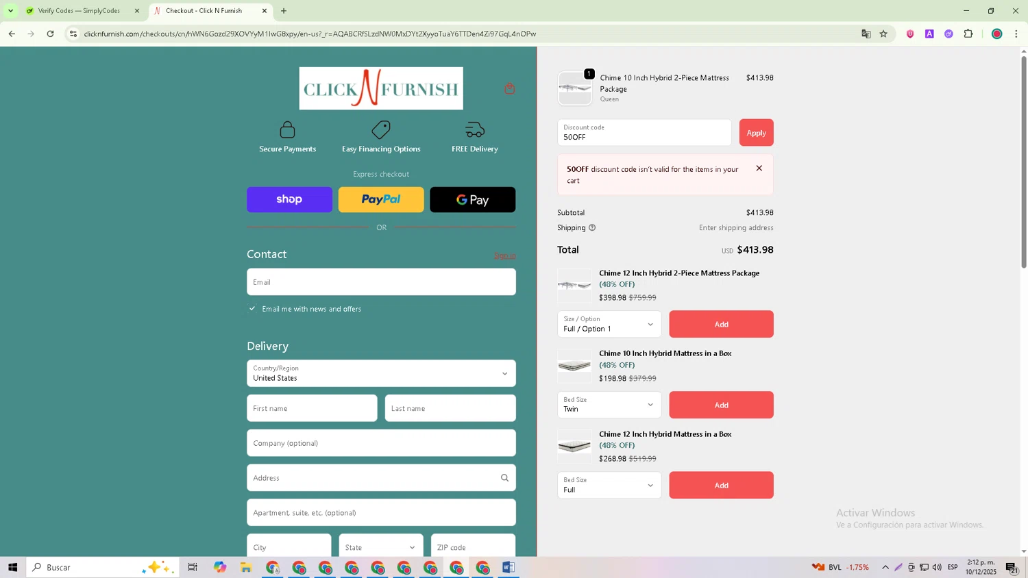 Click N Furnish discount code screenshot showing code 50OFF applied at Click N Furnish checkout page. Uploaded by SimplyCodes community member David_Garcia on Dec 10, 2025