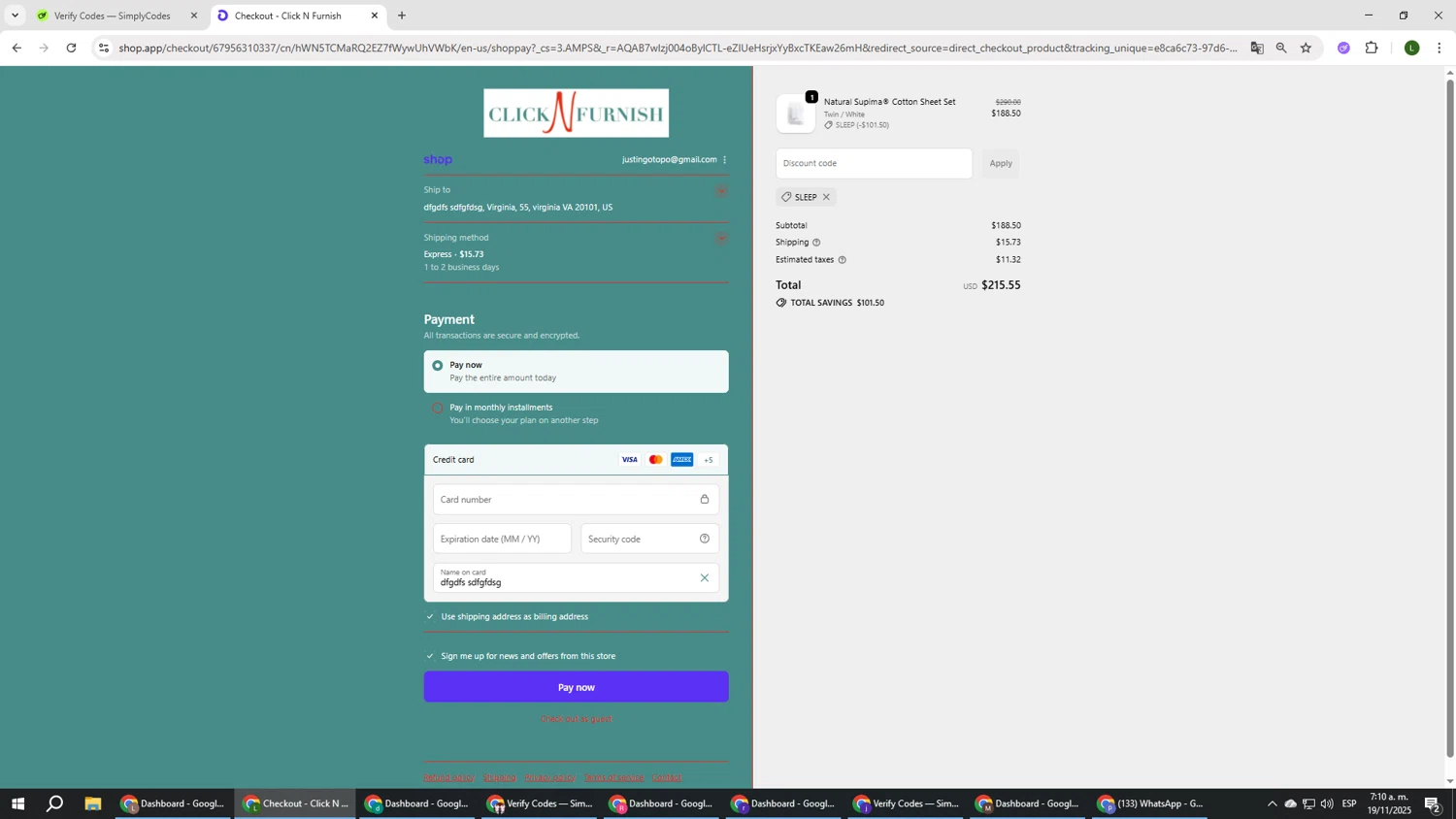 Click N Furnish discount code screenshot showing code SLEEP applied at Click N Furnish checkout page. Uploaded by SimplyCodes community member DUCATI on Nov 19, 2025