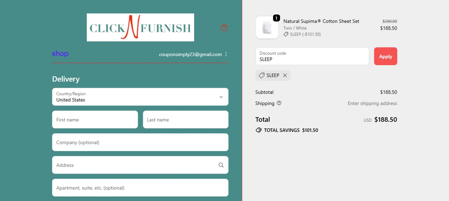 Click N Furnish discount code screenshot showing code SLEEP applied at Click N Furnish checkout page. Uploaded by SimplyCodes community member IsabellaMillan on Sep 24, 2025