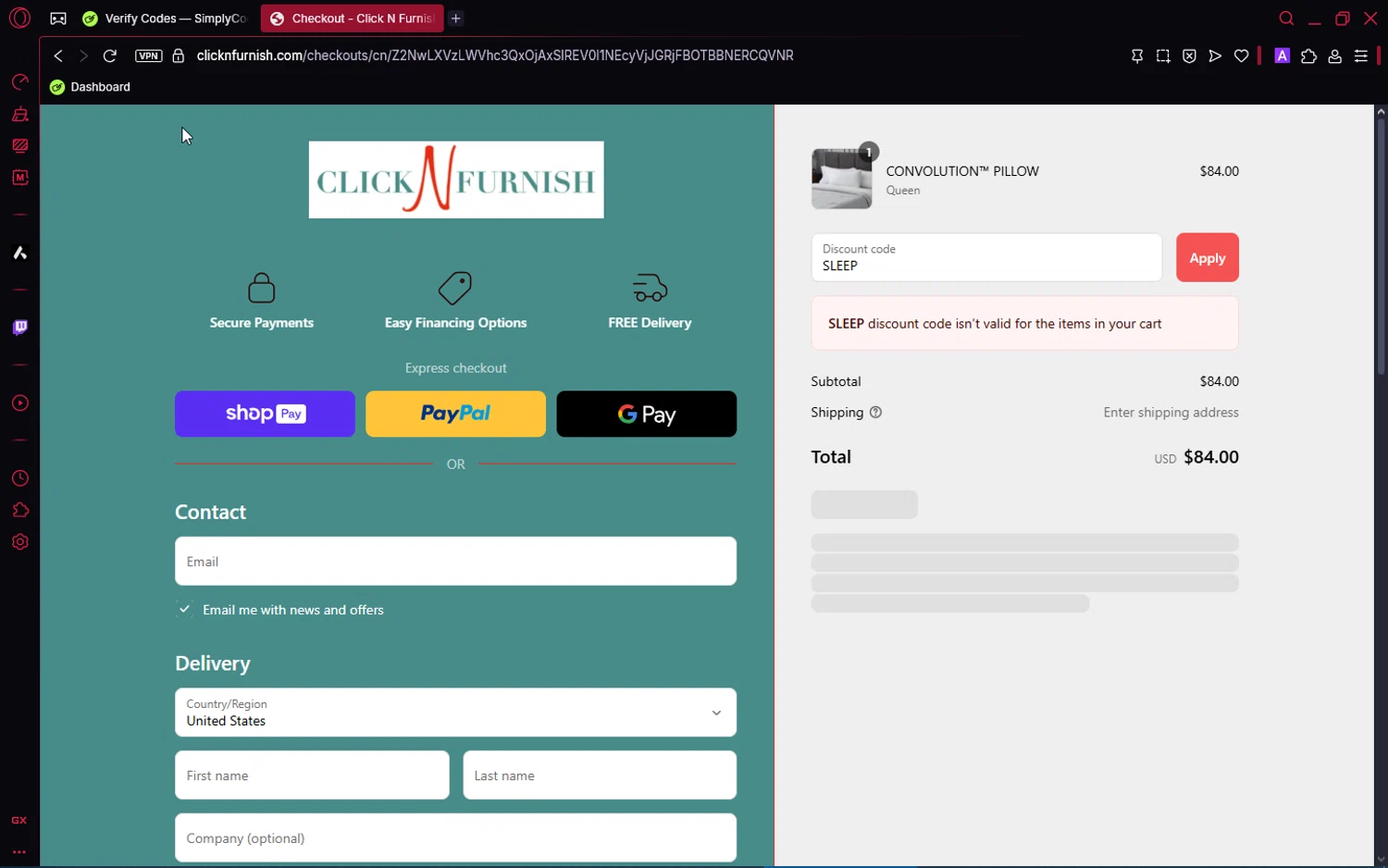 Click N Furnish discount code screenshot showing code SLEEP applied at Click N Furnish checkout page. Uploaded by SimplyCodes community member number_1 on May 4, 2025