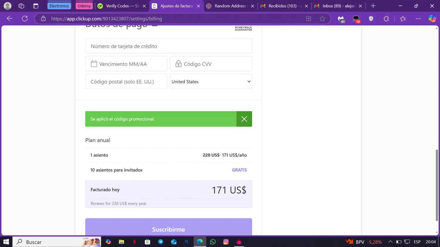 ClickUp checkout page showing ClickUp promo code box | Screenshot taken by SimplyCodes community member on Jan 28, 2025