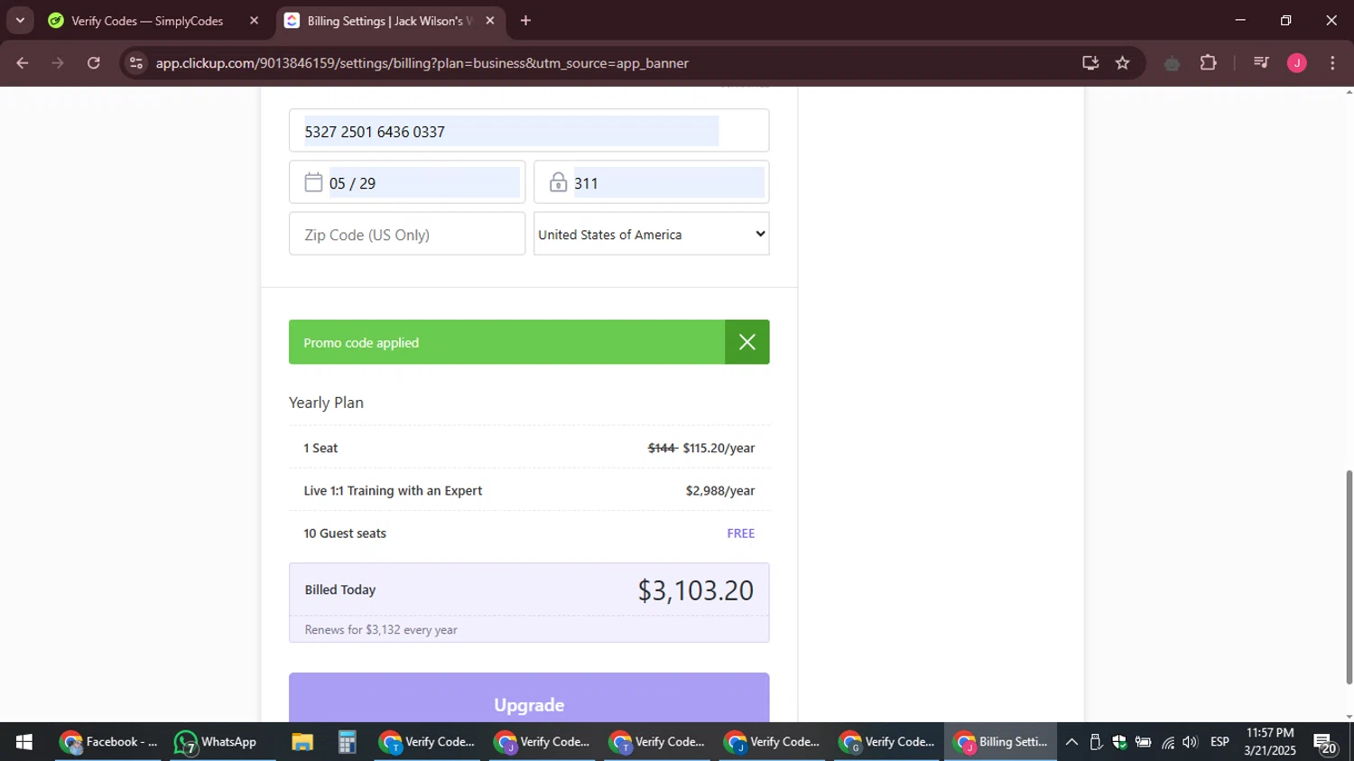 ClickUp checkout page showing ClickUp promo code box | Screenshot taken by SimplyCodes community member on Mar 22, 2025
