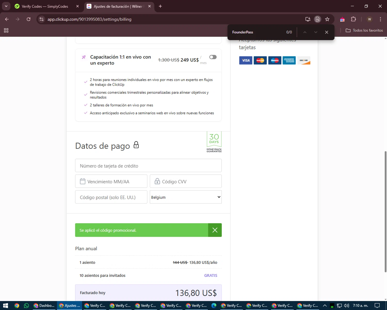 ClickUp checkout page showing ClickUp promo code box | Screenshot taken by SimplyCodes community member on Apr 5, 2025