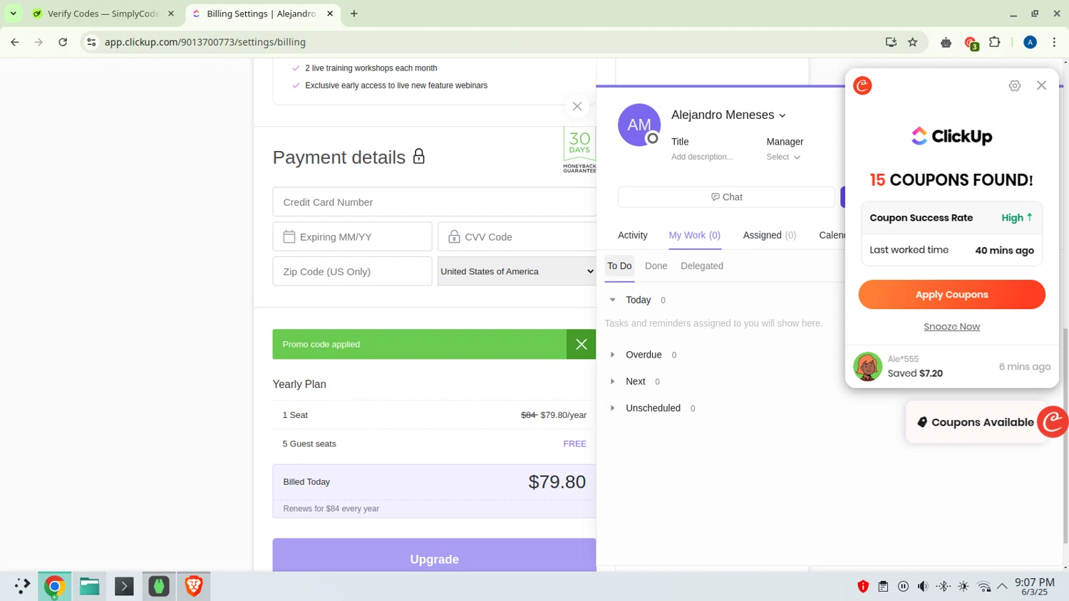 ClickUp checkout page showing ClickUp promo code box | Screenshot taken by SimplyCodes community member on Mar 7, 2025