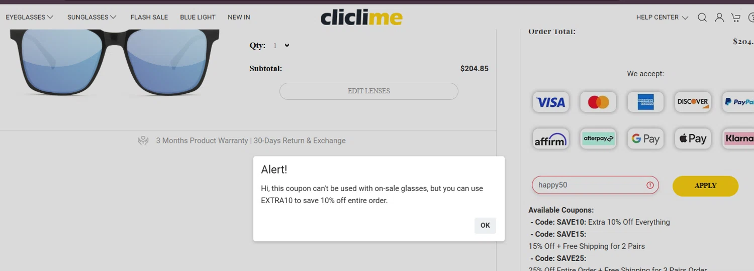 Cliclime coupon code screenshot showing code happy50 applied at Cliclime checkout page. Uploaded by SimplyCodes community member Aryel86 on Aug 1, 2025