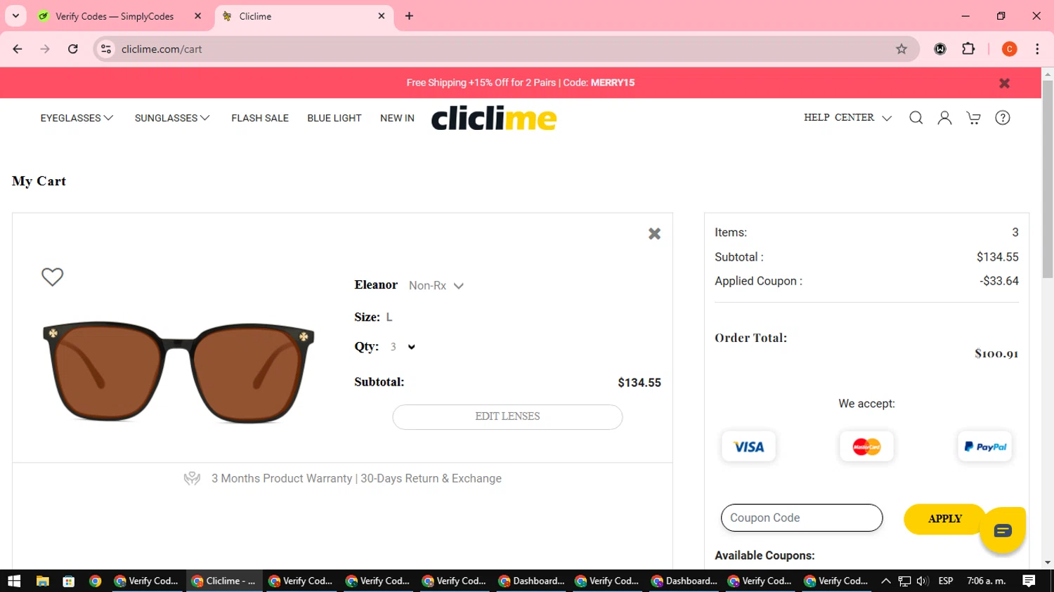 Cliclime coupon code screenshot showing code SAVE25 applied at Cliclime checkout page. Uploaded by SimplyCodes community member NatanaelCano on Dec 29, 2024