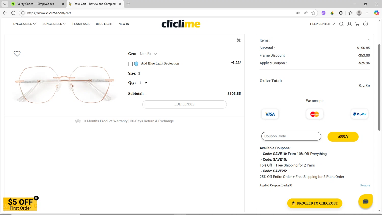 Cliclime coupon code screenshot showing code Lucky50 applied at Cliclime checkout page. Uploaded by SimplyCodes community member CrownShopper2899 on Jul 24, 2025