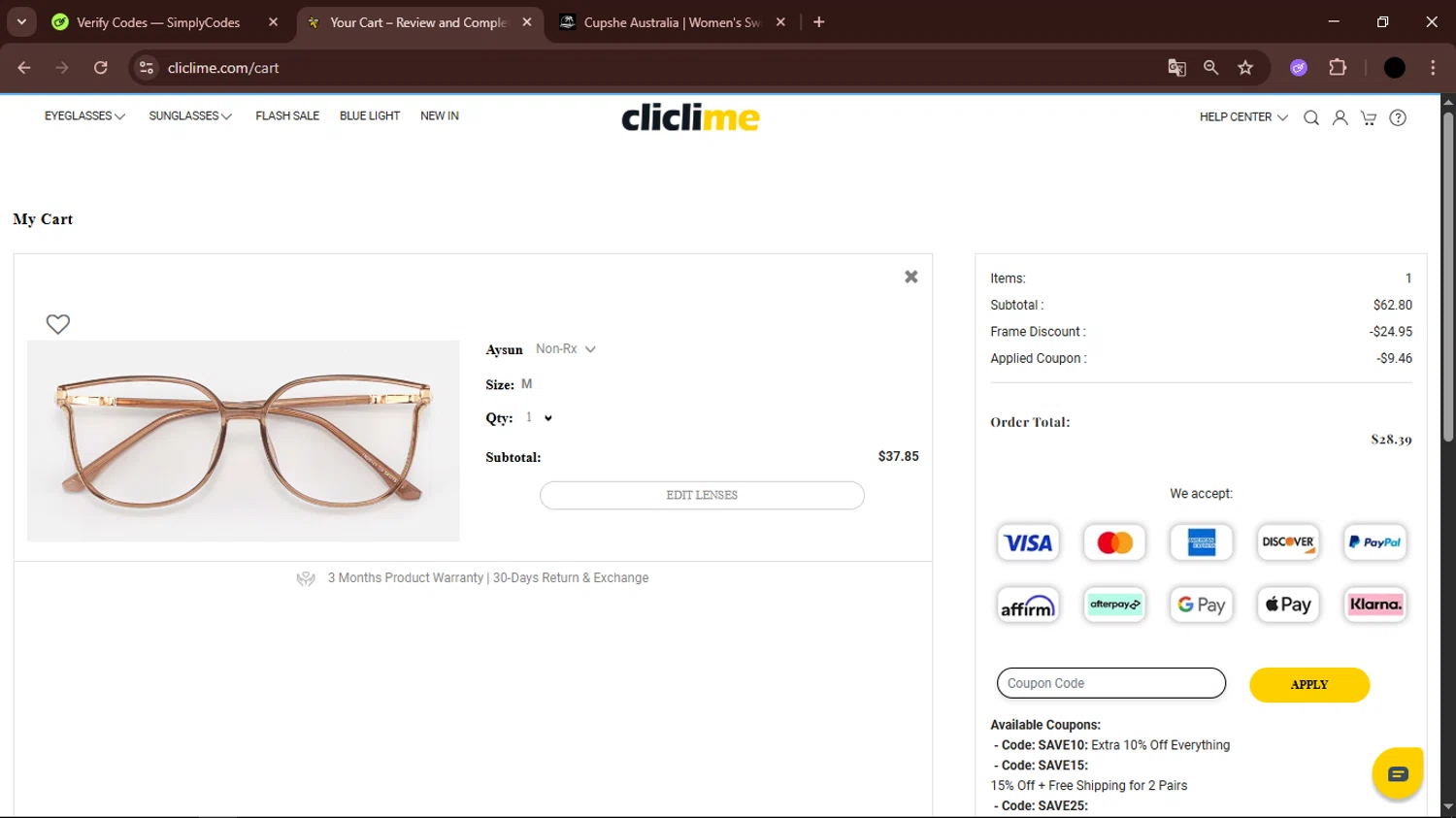 Cliclime coupon code screenshot showing code Lucky50 applied at Cliclime checkout page. Uploaded by SimplyCodes community member FrugalTiger5589 on Aug 22, 2025