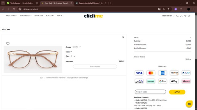 Cliclime checkout page showing Cliclime coupon code box | Screenshot taken by SimplyCodes community member on Aug 22, 2025