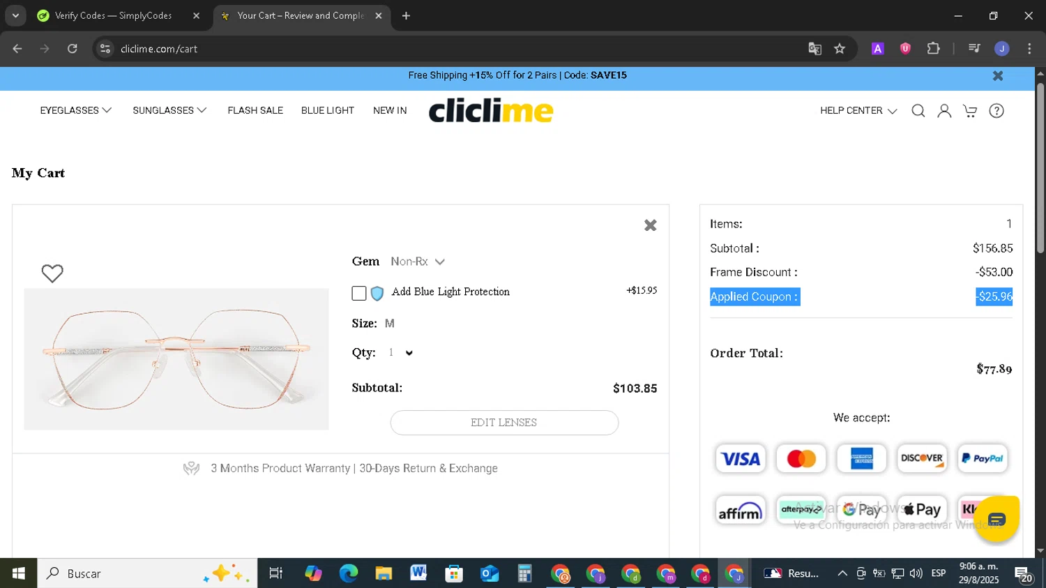 Cliclime coupon code screenshot showing code Spring50 applied at Cliclime checkout page. Uploaded by SimplyCodes community member EpicSage3474 on Aug 29, 2025
