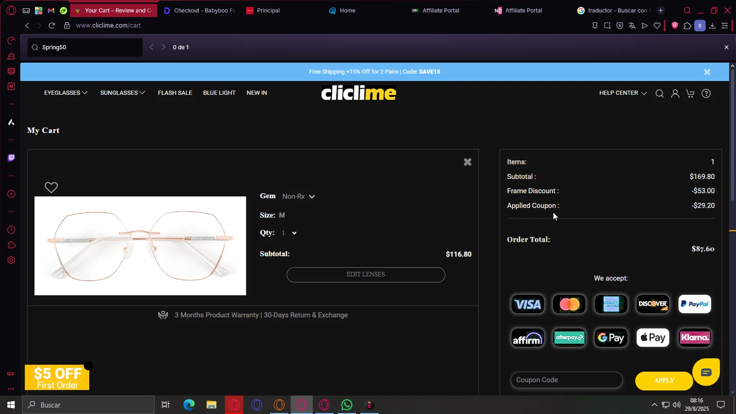 Cliclime coupon code screenshot showing code Spring50 applied at Cliclime checkout page. Uploaded by SimplyCodes community member cajax_manda on Aug 29, 2025