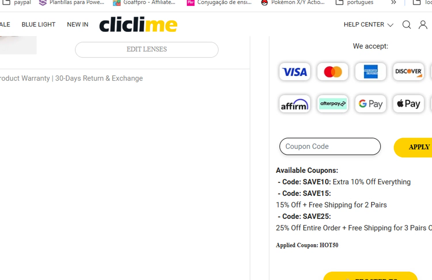 Cliclime coupon code screenshot showing code HOT50 applied at Cliclime checkout page. Uploaded by SimplyCodes community member gerardlaya on Aug 24, 2025
