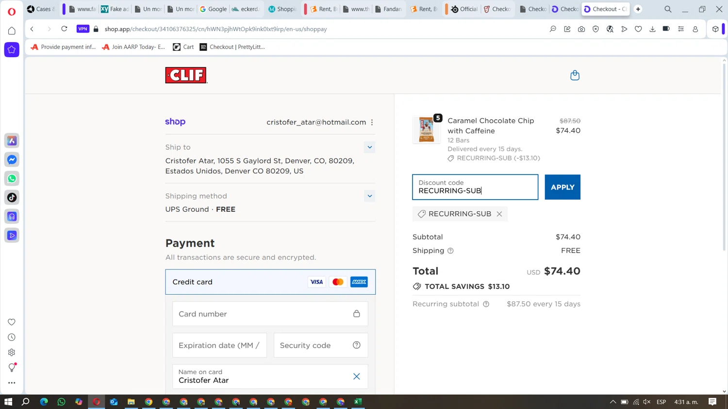 Clif Bar promo code screenshot showing code RECURRING-SUB applied at Clif Bar checkout page. Uploaded by SimplyCodes community member FundoEsperanza on Oct 7, 2025