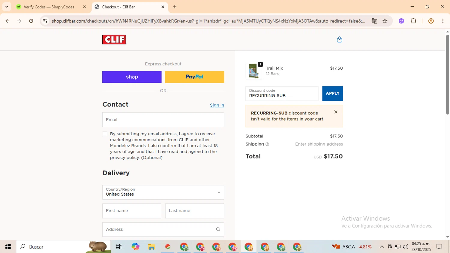 Clif Bar promo code screenshot showing code RECURRING-SUB applied at Clif Bar checkout page. Uploaded by SimplyCodes community member QuestOwl9632 on Oct 23, 2025