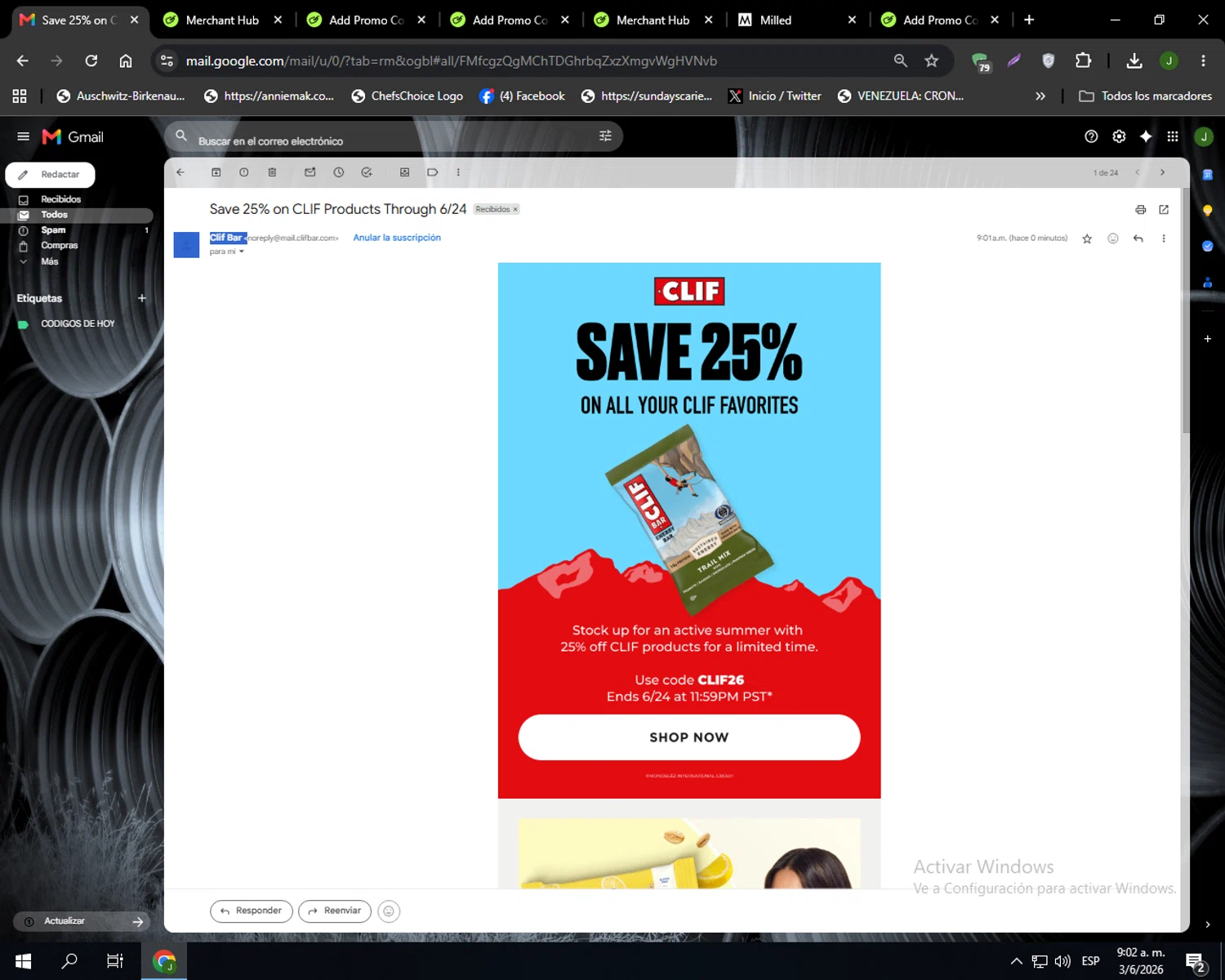 Clif Bar promo code screenshot showing code CLIF26 applied at Clif Bar checkout page. Uploaded by SimplyCodes community member Codehunter on Jun 3, 2026