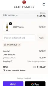 WELCOME25 coupon verification screenshot