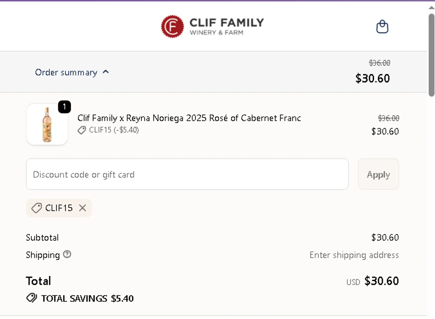 Clif Family Winery promo code screenshot showing code CLIF15 applied at Clif Family Winery checkout page. Uploaded by SimplyCodes community member beatrizcastillo on Jun 17, 2026