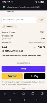 Sarah20 coupon verification screenshot