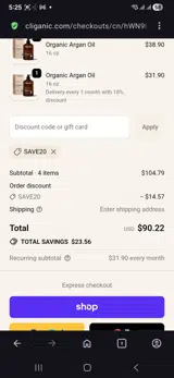 Save20 coupon verification screenshot