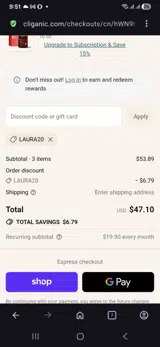 Laura20 coupon verification screenshot