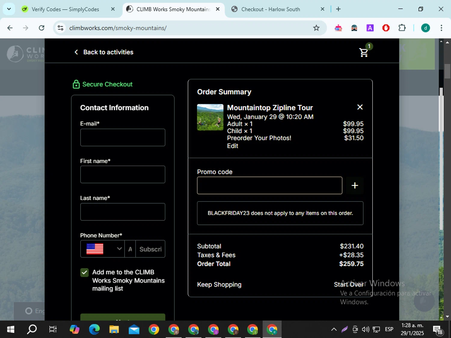 Climbworks promo code screenshot showing code BLACKFRIDAY23 applied at Climbworks checkout page. Uploaded by SimplyCodes community member ExtraordinaryNavigator4975 on Jan 29, 2025