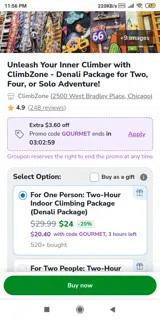 ClimbZone Chicago coupon verification screenshot