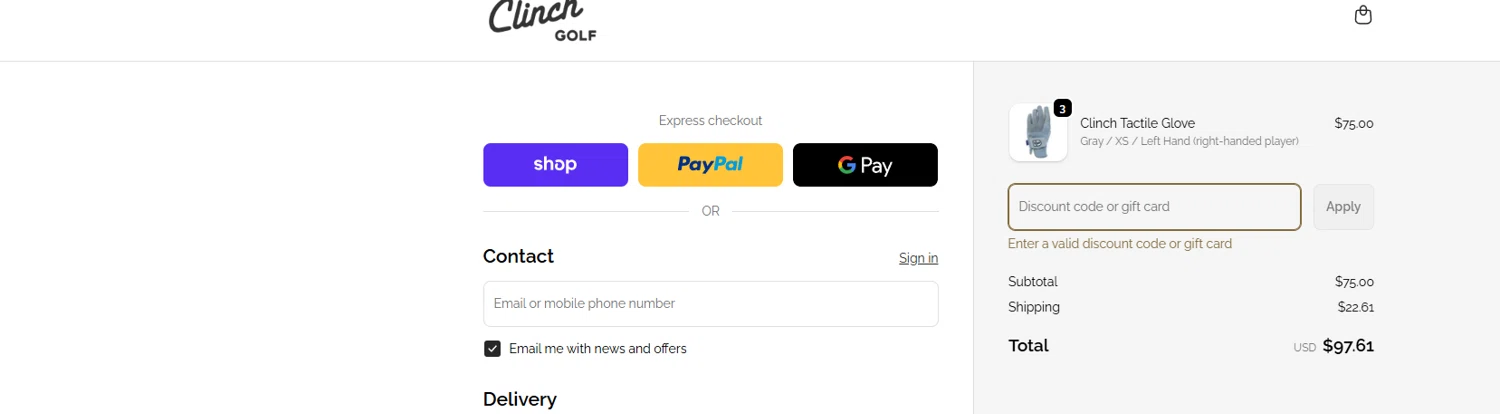 Clinch Golf discount code screenshot showing code WELCOME10 applied at Clinch Golf checkout page. Uploaded by SimplyCodes community member Billyyou on Jan 2, 2026