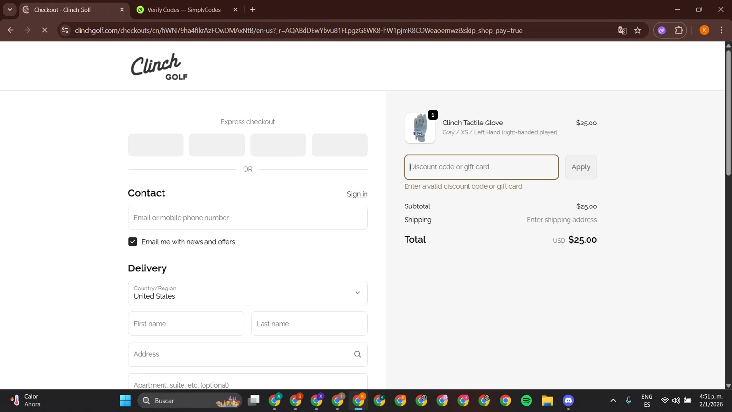 Clinch Golf discount code screenshot showing code WELCOME10 applied at Clinch Golf checkout page. Uploaded by SimplyCodes community member BonusCurator3058 on Jan 2, 2026