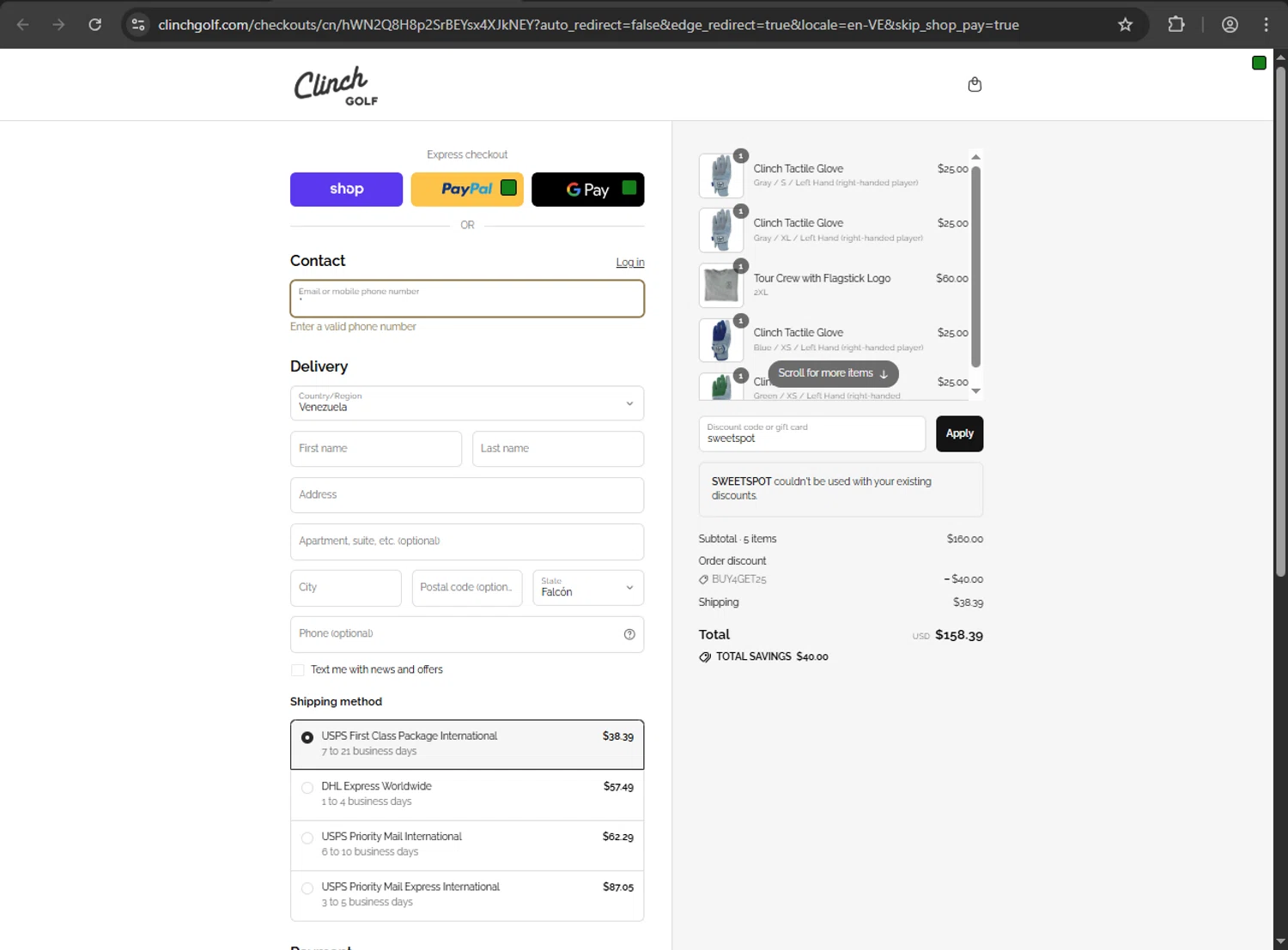 Clinch Golf discount code screenshot showing code sweetspot applied at Clinch Golf checkout page. Uploaded by SimplyCodes community member Jeremi on Aug 31, 2025