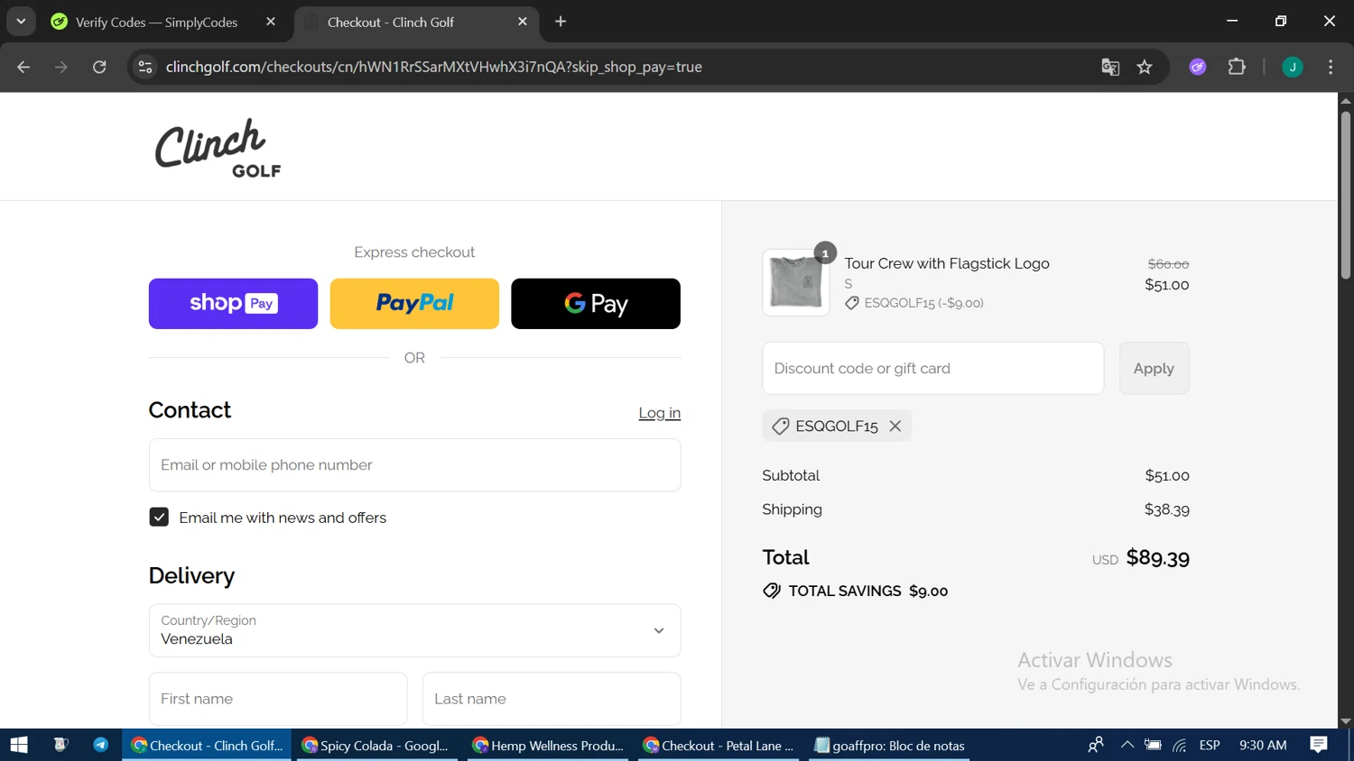 Clinch Golf discount code screenshot showing code ESQGOLF15 applied at Clinch Golf checkout page. Uploaded by SimplyCodes community member LuckyPioneer1051 on Aug 5, 2025