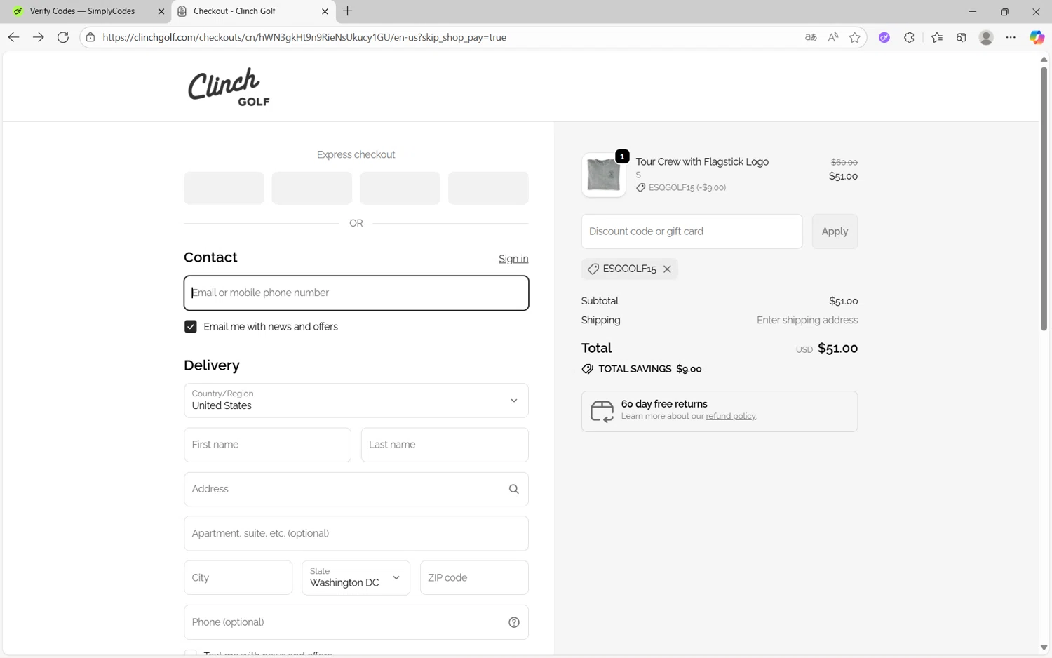 Clinch Golf discount code screenshot showing code ESQGOLF15 applied at Clinch Golf checkout page. Uploaded by SimplyCodes community member frijolito on Oct 3, 2025
