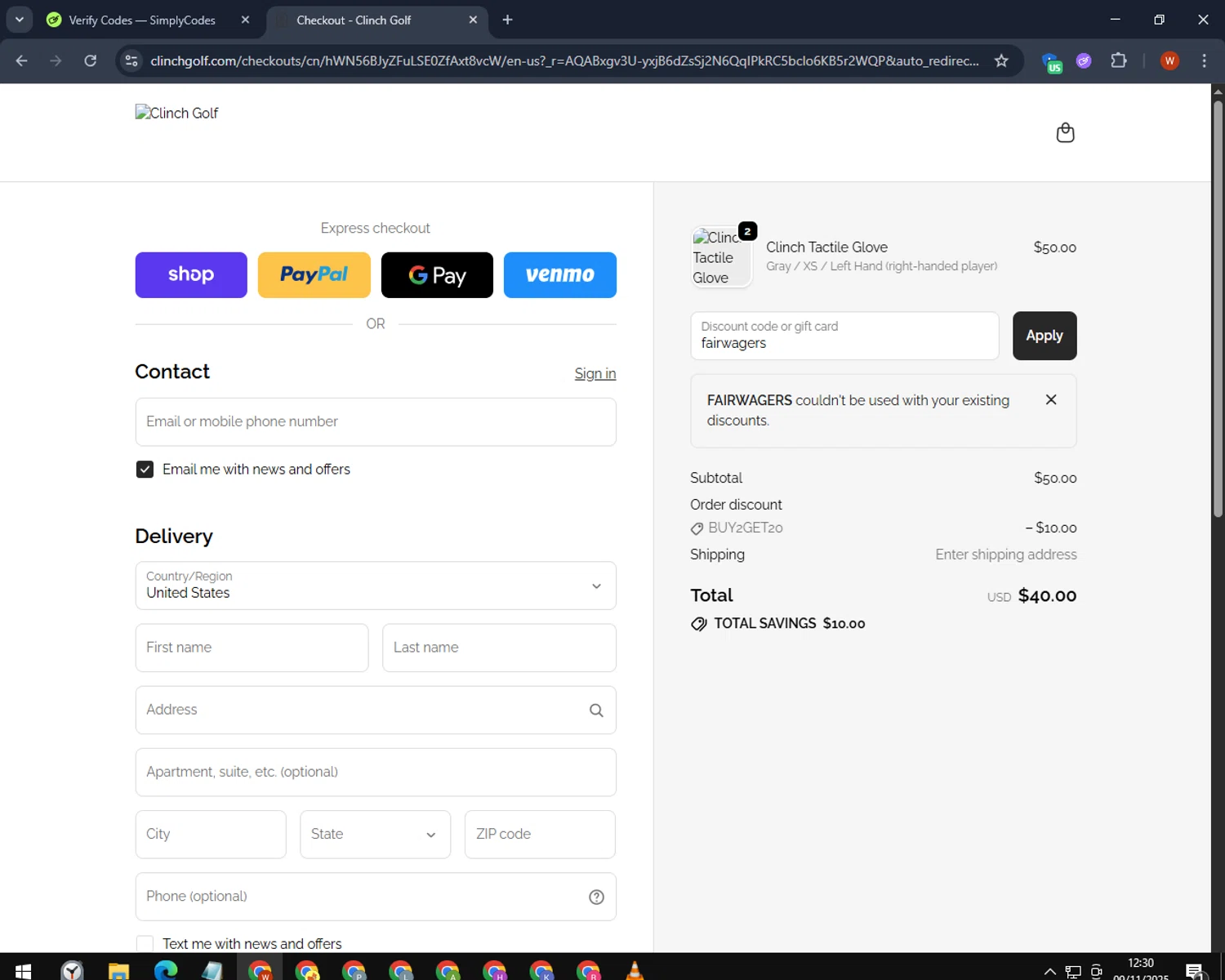 Clinch Golf discount code screenshot showing code fairwagers applied at Clinch Golf checkout page. Uploaded by SimplyCodes community member CashPro9699 on Nov 9, 2025