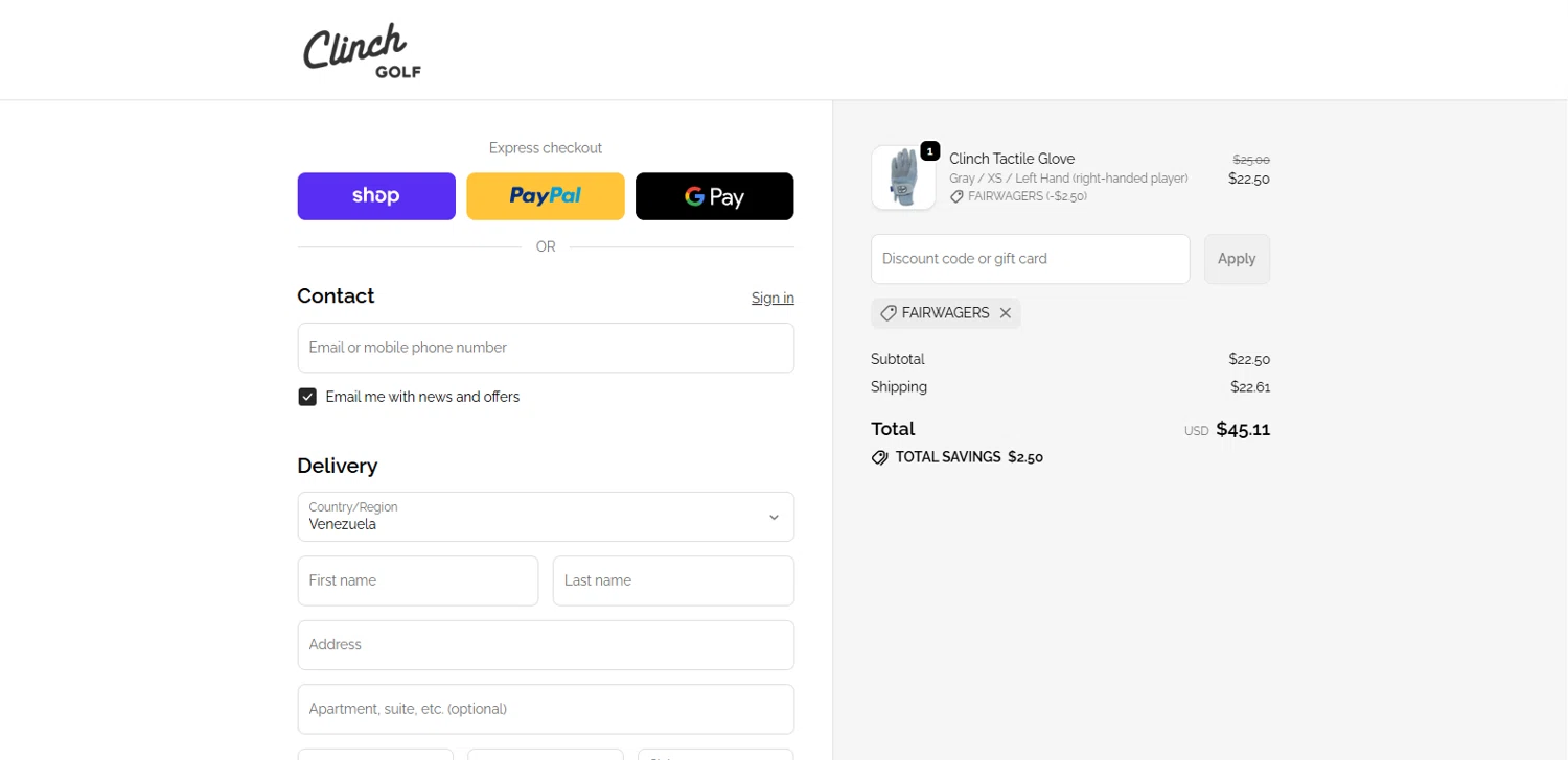 Clinch Golf discount code screenshot showing code fairwagers applied at Clinch Golf checkout page. Uploaded by SimplyCodes community member dimitriv on Nov 9, 2025