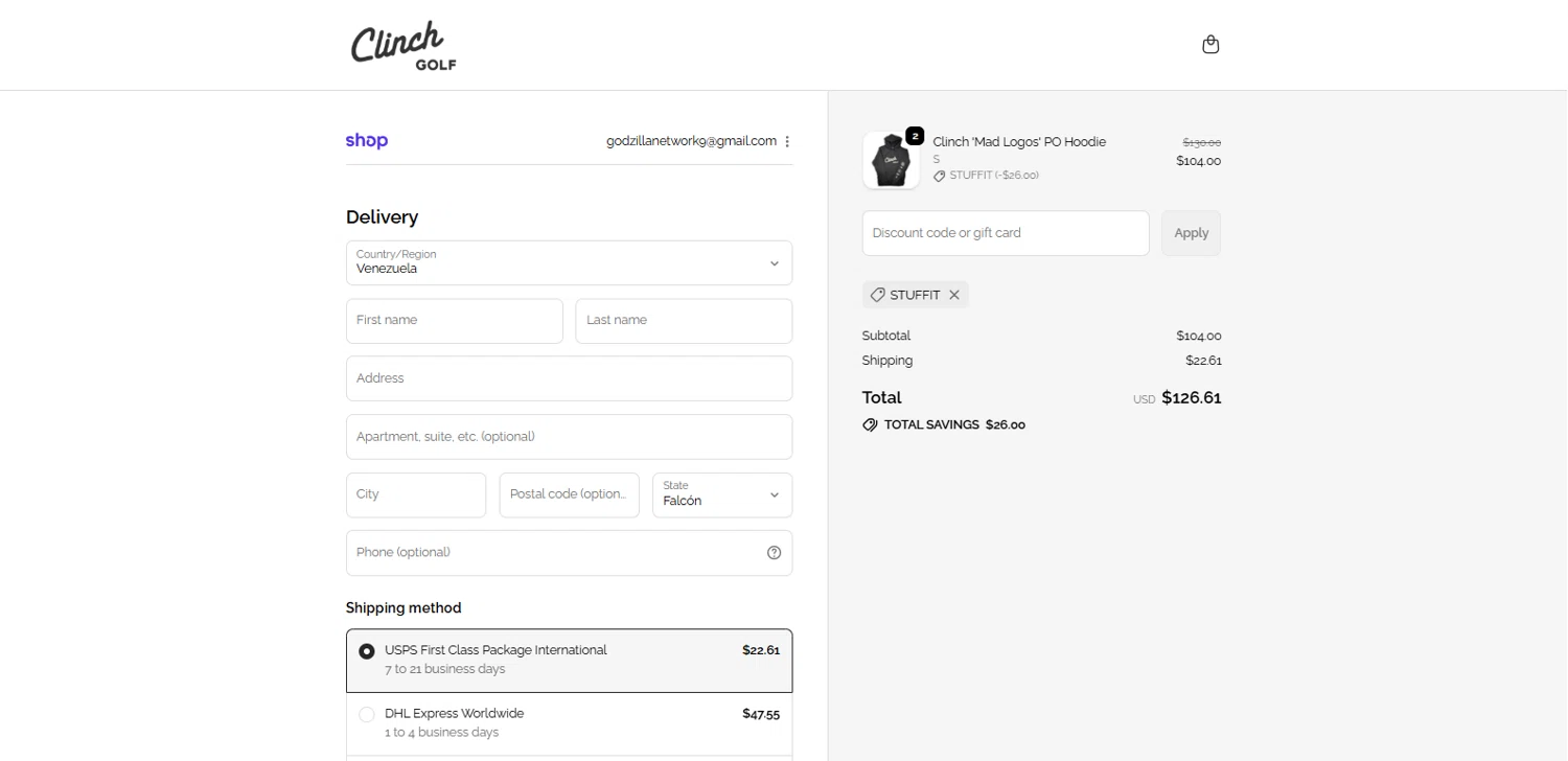 Clinch Golf discount code screenshot showing code STUFFIT applied at Clinch Golf checkout page. Uploaded by SimplyCodes community member dimitriv on Nov 9, 2025