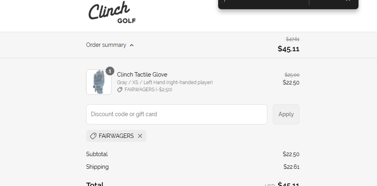 Clinch Golf discount code screenshot showing code fairwagers applied at Clinch Golf checkout page. Uploaded by SimplyCodes community member ashe1986 on Jul 15, 2025
