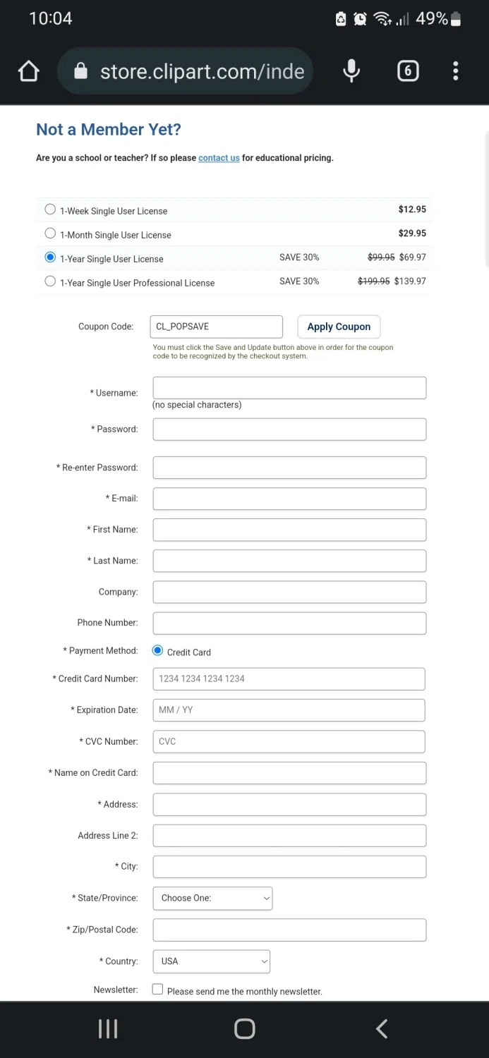 where to use Clipart.com promo code box