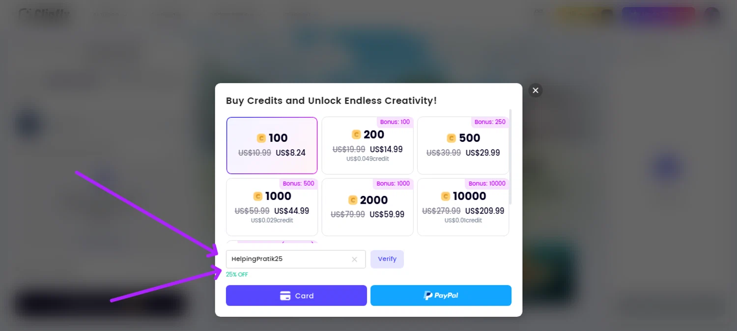 Clipfly checkout page showing Clipfly promo code box | Screenshot taken by SimplyCodes community member on Aug 18, 2025