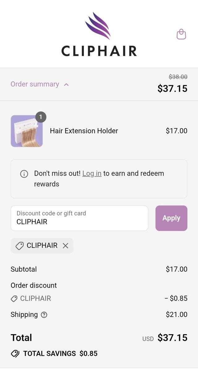 Cliphair checkout page showing Cliphair promo code box | Screenshot taken by SimplyCodes community member on Sep 5, 2025