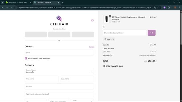 Cliphair checkout page showing Cliphair promo code box | Screenshot taken by SimplyCodes community member on Jun 12, 2025