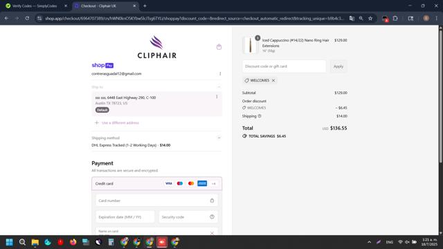 Cliphair checkout page showing Cliphair promo code box | Screenshot taken by SimplyCodes community member on Jul 18, 2025