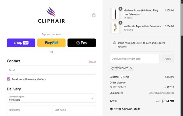 Cliphair checkout page showing Cliphair promo code box | Screenshot taken by SimplyCodes community member on Jun 5, 2025