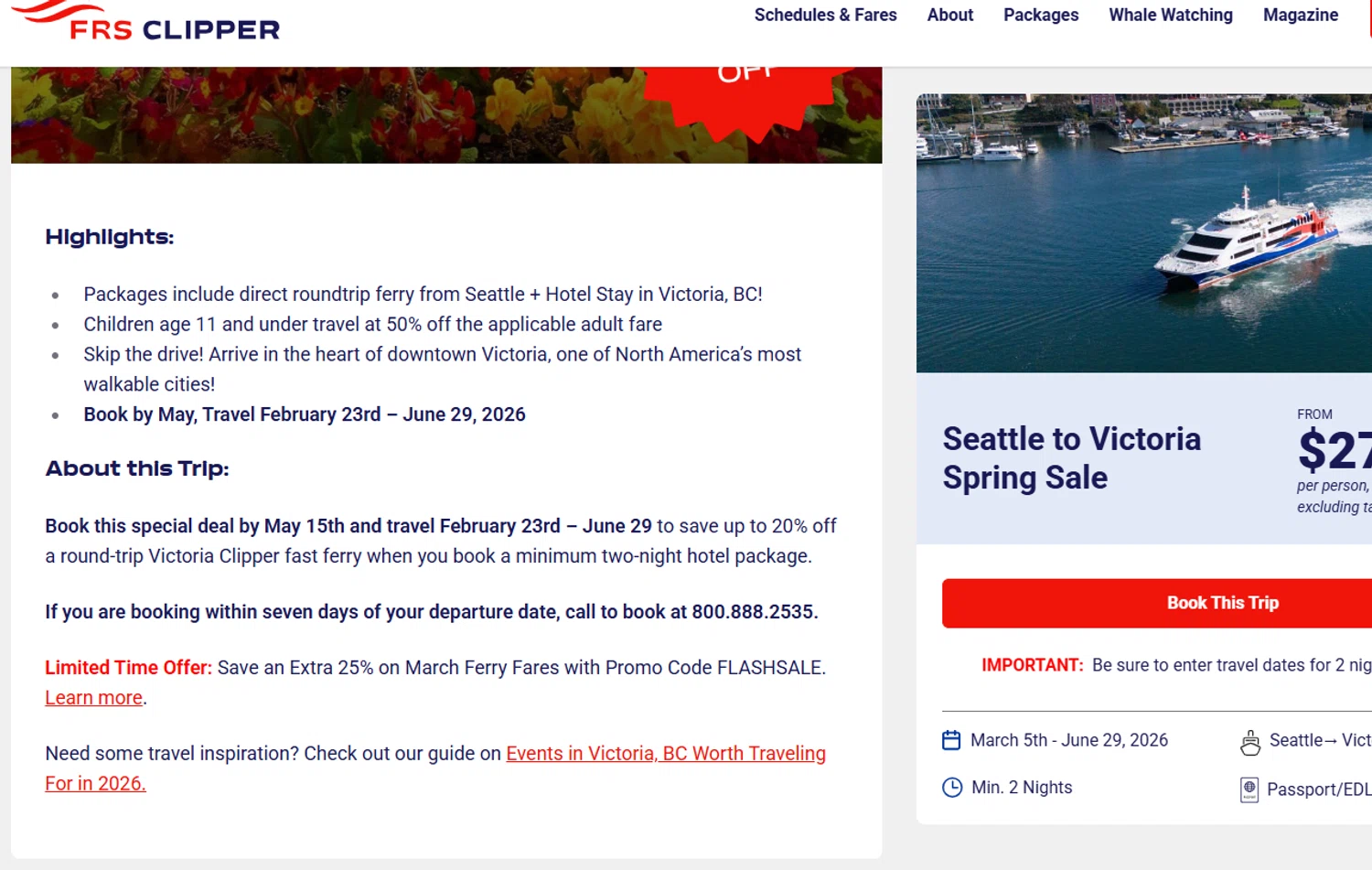 Clipper Vacations promo code screenshot showing code FLASHSALE applied at Clipper Vacations checkout page. Uploaded by SimplyCodes community member valeriaantonieta on Feb 27, 2026