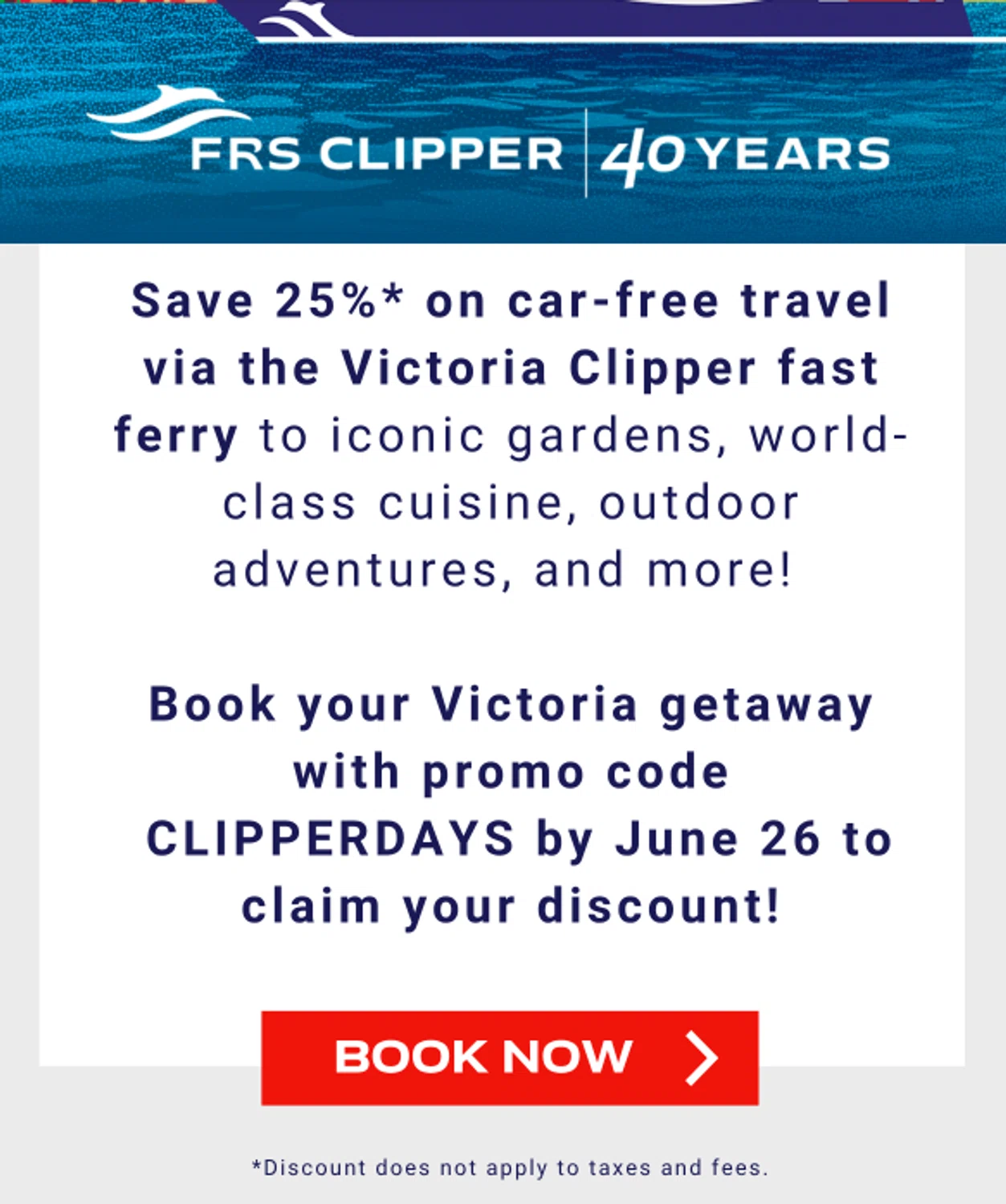 Clipper Vacations promo code screenshot showing code CLIPPERDAYS applied at Clipper Vacations checkout page. Uploaded by SimplyCodes community member valeriaantonieta on Jun 16, 2026