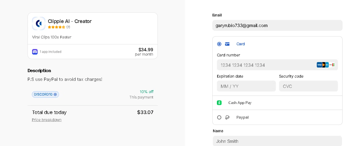 Clippie AI promo code screenshot showing code DISCORD10 applied at Clippie AI checkout page. Uploaded by SimplyCodes community member BLUEBLASTOISE on Nov 5, 2025