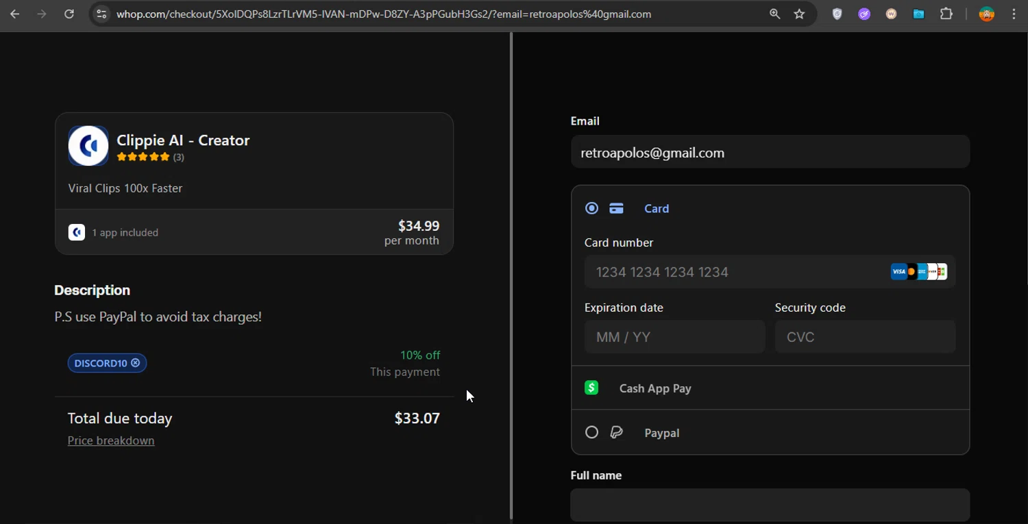 Clippie AI checkout page showing Clippie AI promo code box | Screenshot taken by SimplyCodes community member on Oct 7, 2025