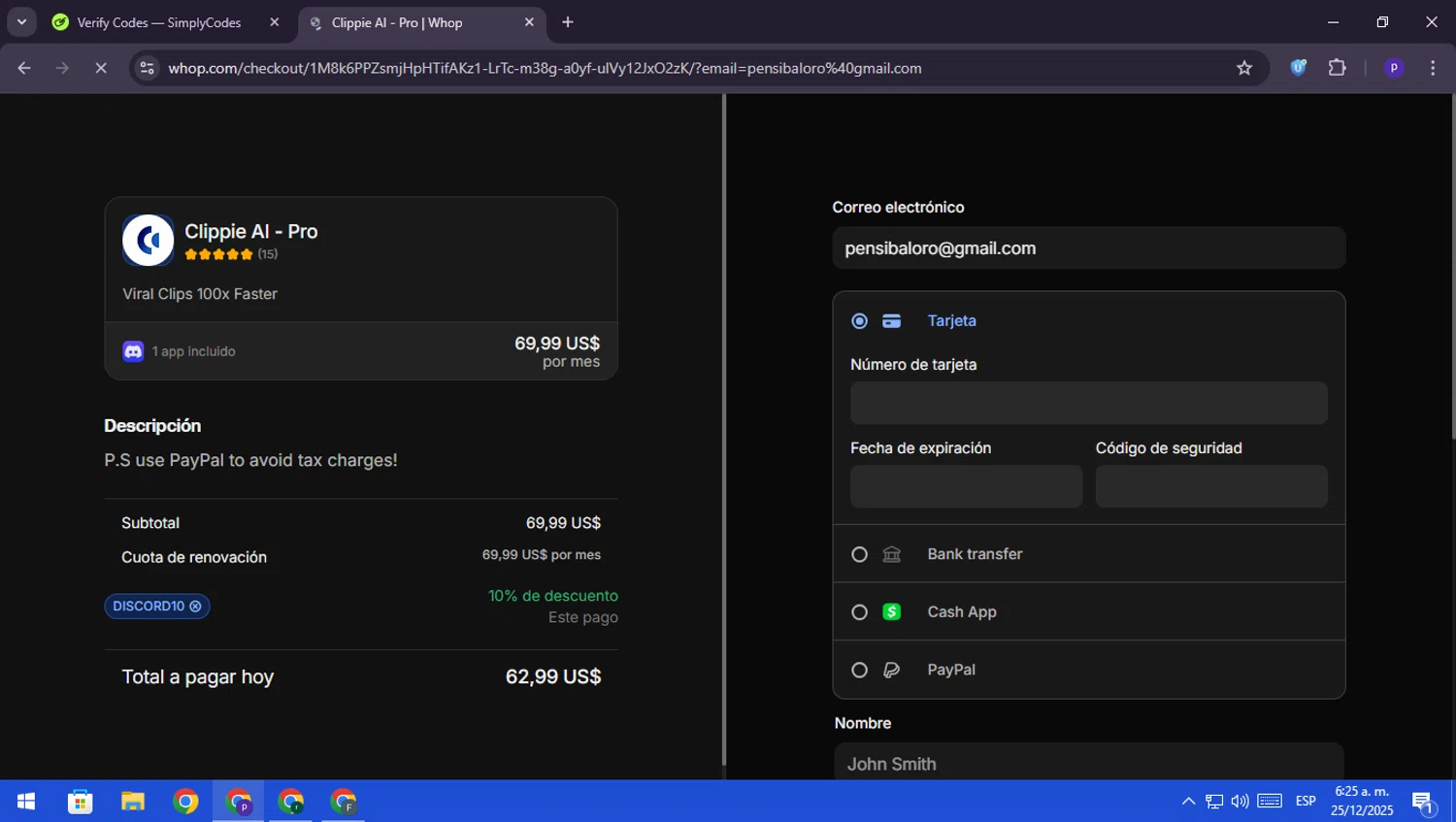 Clippie AI promo code screenshot showing code DISCORD10 applied at Clippie AI checkout page. Uploaded by SimplyCodes community member RebateScout6612 on Dec 25, 2025