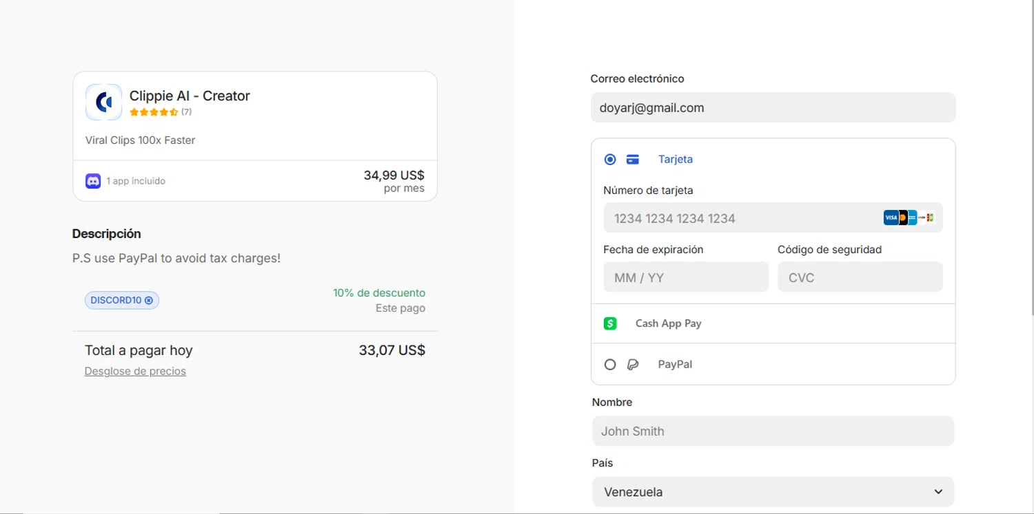 Clippie AI promo code screenshot showing code DISCORD10 applied at Clippie AI checkout page. Uploaded by SimplyCodes community member Xavier3121 on Nov 5, 2025